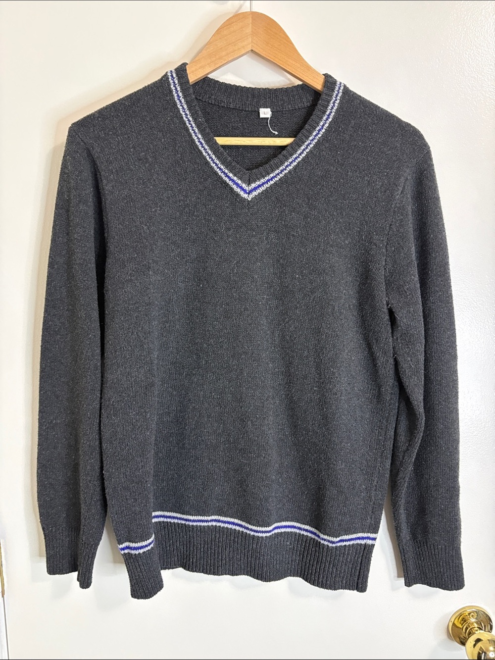 Men's Charcoal V-Neck Sweater with Contrast Trim